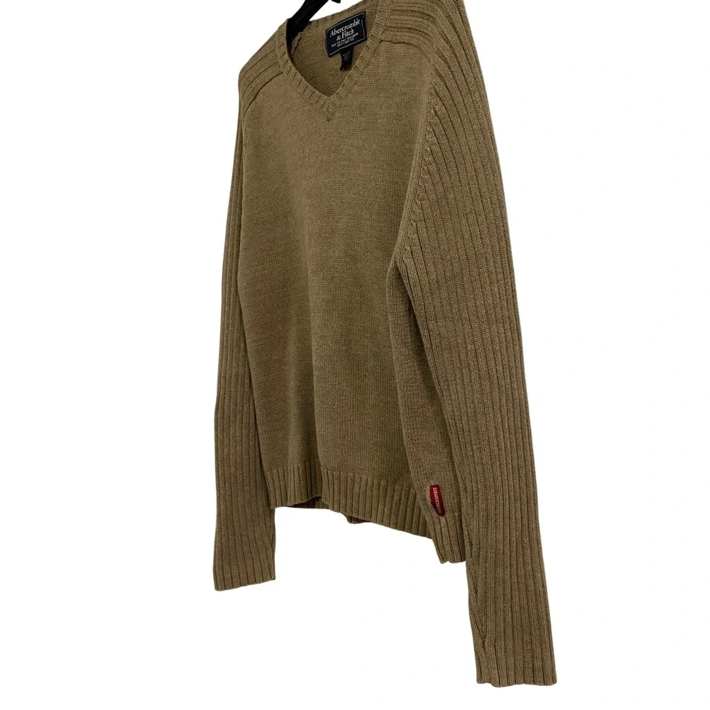 Abercrombie & Fitch V-Neck Sweater Womens XL Preppy Tan Ribbed Knit Long Sleeve